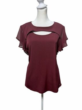 Calvin Klein Flutter Sleeve Cutout Top Burgundy Wine Chiffon L